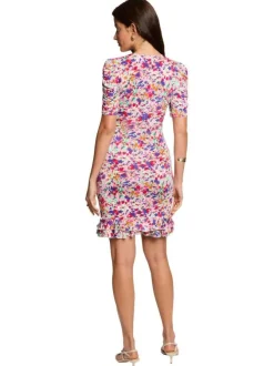Robe courte multicolore imprimée avec une coupe moulante et un col en V