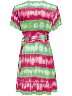 Robe courte multicolore imprimée coupe ajustée col v et à manches courtes