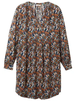Robe courte multicolore imprimée coupe fluide col v et à manches longues