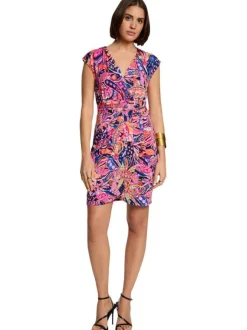 Robe courte multicolore imprimée à coupe près du corps et à col cache-coeur
