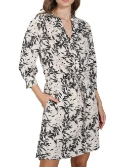 Robe courte multicolore imprimé feuille all-over coupe asymétrique avec un col v et un lien à nouer à l'avant