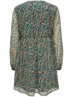 Robe courte multicolore imprimé fleuri avec une coupe patineuse et un col v