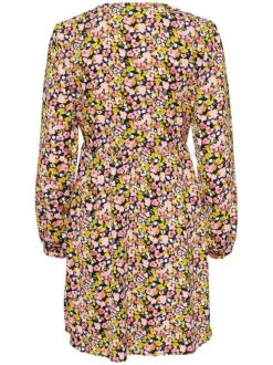 Robe courte multicolore imprimé floral avec une coupe patineuse et un col v