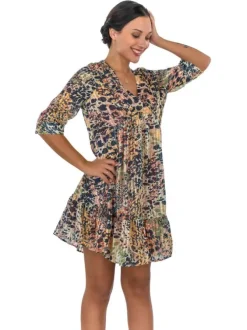 Robe courte multicolore imprimé léopard à coupe babydoll col v et à manche 3/4