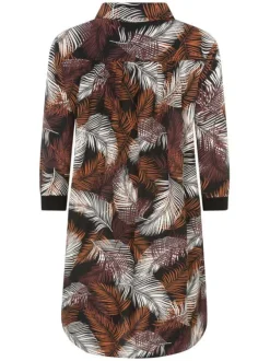 Robe courte noire babydoll imprimée de feuilles à coupe fluide col italien et manches 3/4