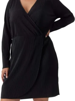 Robe courte noire côtelée à coupe portefeuille col v et à manches longues