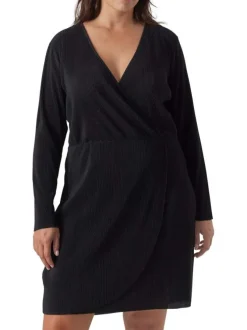 Robe courte noire côtelée à coupe portefeuille col v et à manches longues