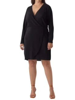Robe courte noire côtelée à coupe portefeuille col v et à manches longues