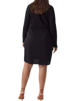 Robe courte noire côtelée à coupe portefeuille col v et à manches longues