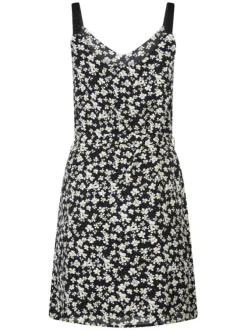 Robe courte noire fleurie avec une coupe fluide un col v et des bretelles larges
