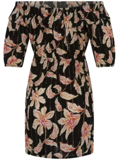 Robe courte noire fleurie à coupe ajustée et à manches courtes