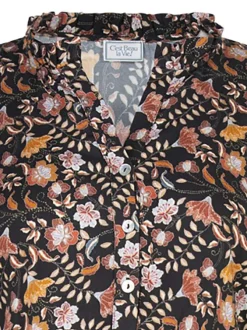 Robe courte noire fleurie à coupe droite un col v ruffle et des manches longues