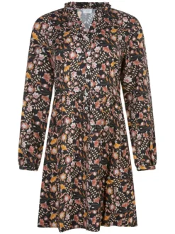 Robe courte noire fleurie à coupe droite un col v ruffle et des manches longues