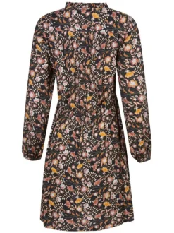 Robe courte noire fleurie à coupe droite un col v ruffle et des manches longues