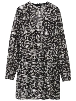 Robe courte noire à imprimé abstrait, doublée, en tissu fluide à col boutonné et manches bouffantes