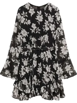 Robe courte noire imprimée avec une coupe droite à col rond
