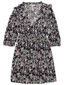 Robe courte noire imprimée panthère coupe ajustée col v à manches 3/5