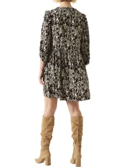 Robe courte noire imprimée panthère coupe ajustée col v à manches 3/5