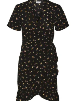 Robe courte noire imprimé floral avec un col v et des manches courtes
