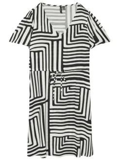 Robe courte noire à imprimé géométrique, cintrée à col v et à manches courtes