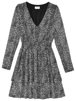 Robe courte noire à imprimé panthère, cintrée à col v et à manches longues