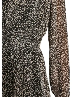 Robe courte noire à imprimé panthère, cintrée à col v et à manches longues