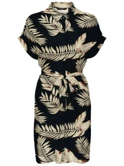 Robe courte noire à imprimé végétal cintrée, col à revers et manches courtes