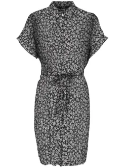 Robe courte noire liberty à coupe droite col français et à manches courtes