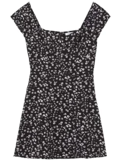 Robe courte noire à manches bretelles larges et col carré avec imprimé fleuri