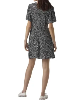 Robe courte noire à pois blancs boutonnée à coupe droite fluide et à col v