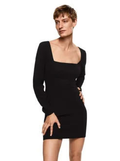 Robe courte noire Sky coupe ajustée à manches longues et col carré