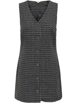 Robe courte noire tweed avec une coupe droite et une fermeture boutonnée