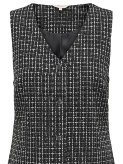Robe courte noire tweed avec une coupe droite et une fermeture boutonnée