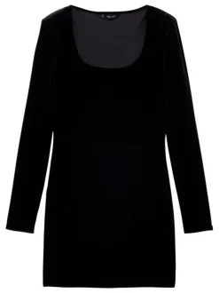 Robe courte noire unie ajustée à col carré et à manches longues en velours