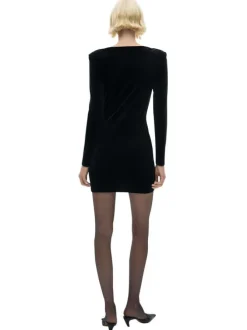 Robe courte noire unie ajustée à col carré et à manches longues en velours