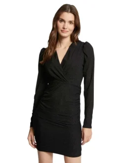 Robe courte noire unie ajustée à col v croisé et à manches longues brillantes