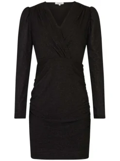 Robe courte noire unie ajustée à col v croisé et à manches longues brillantes