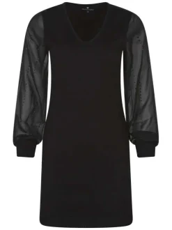 Robe courte noire unie avec une coupe ajustée, un col V et des manches longues