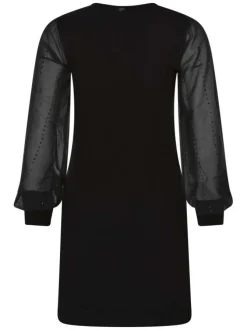 Robe courte noire unie avec une coupe ajustée, un col V et des manches longues