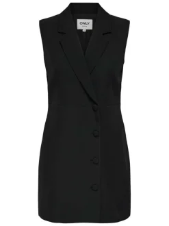 Robe courte noire unie avec une coupe droite à col v et des boutons