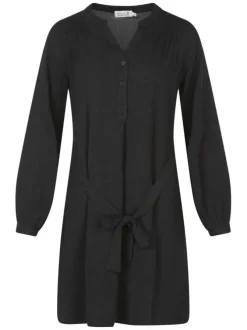 Robe courte noire unie avec une coupe fluide et un col tunisien avec boutons