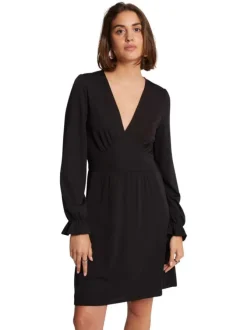 Robe courte noire unie cintrée avec un col V et des manches longues