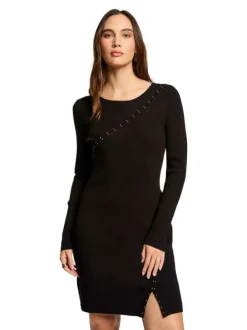 Robe courte noire unie à coupe ajustée avec col rond et manches longues