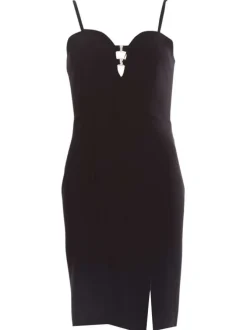 Robe courte noire unie coupe ajustée col v manches à bretelles