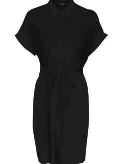 Robe courte noire unie à coupe cintrée, col à revers et à manches courtes