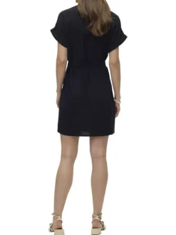 Robe courte noire unie à coupe cintrée, col à revers et à manches courtes
