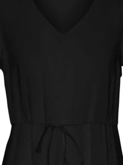 Robe courte noire unie à coupe cintrée, col v et à manches courtes