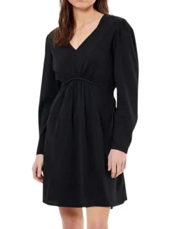 Robe courte noire unie à coupe patineuse col v et à manches longues