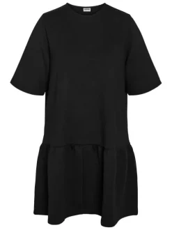 Robe courte noire unie à coupe évasée sur le bas et à col rond