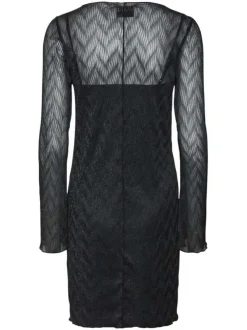 Robe courte noire unie droite à col rond et à manches longues en voile